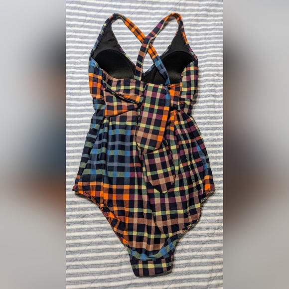Motherhood Maternity Checkered One Piece Cross Strap Bathing Suit Orange Blue M - Picture 9 of 11